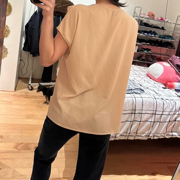 Chic Tan Ruffle V-Neck Blouse - Picture 3 of 7